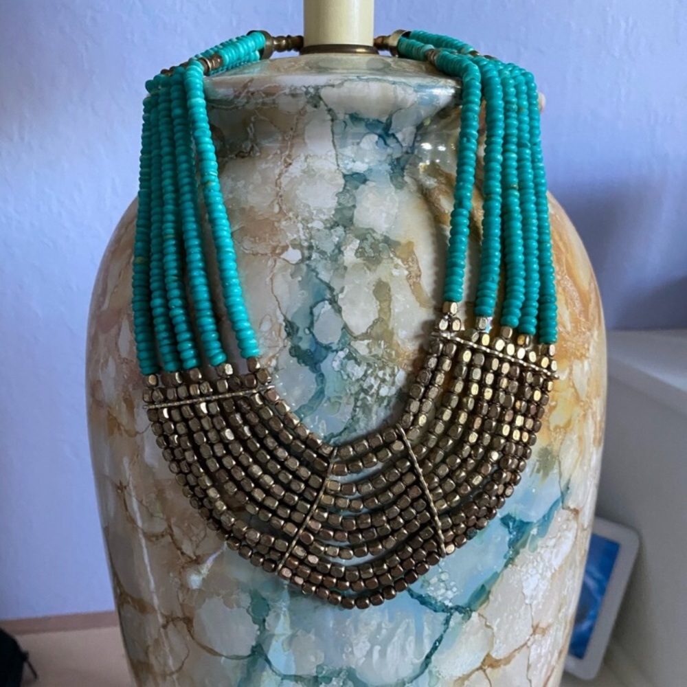 Vintage Turquoise Multi Layer Two Tone Metal Wood Seed Bead Bohemian Necklace